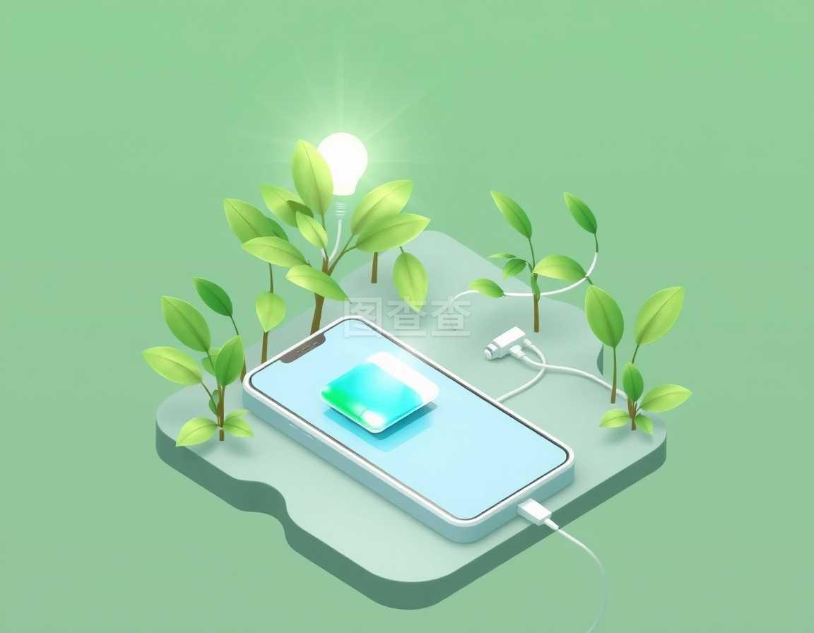 利用植物進行光合作用的智能手機電池充電的綠色能源等距組成作為電源矢量圖示。